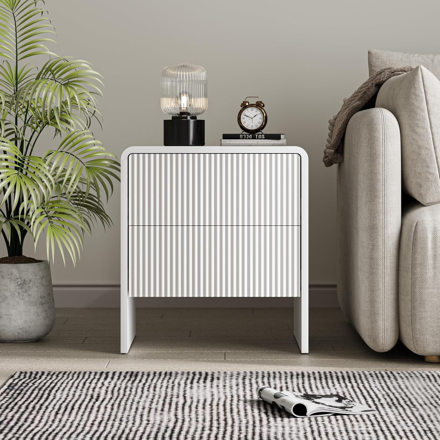 FURNIWAY Set of 2 Curved Nightstand with 2 Drawers, Wooden Bedside Table with Pop-up Design, Modern End Table for Bedroom, Living Room, White