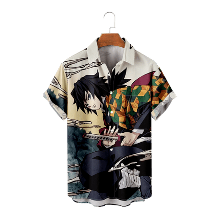 

MLFU Demon Slayer Family Matching Hawaiian Shirt Short Sleeve Button Down Regular Chest Pocket Tees Lightweight Bowling Shirts for Boys 5-14 Years