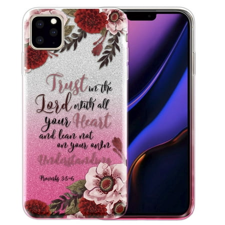 FINCIBO Pink Gradient Glitter Case Sparkle Bling TPU Cover for Apple iPhone 11 Pro Max 6.5" 2019, Christian Quotes Proverbs 3:5-6