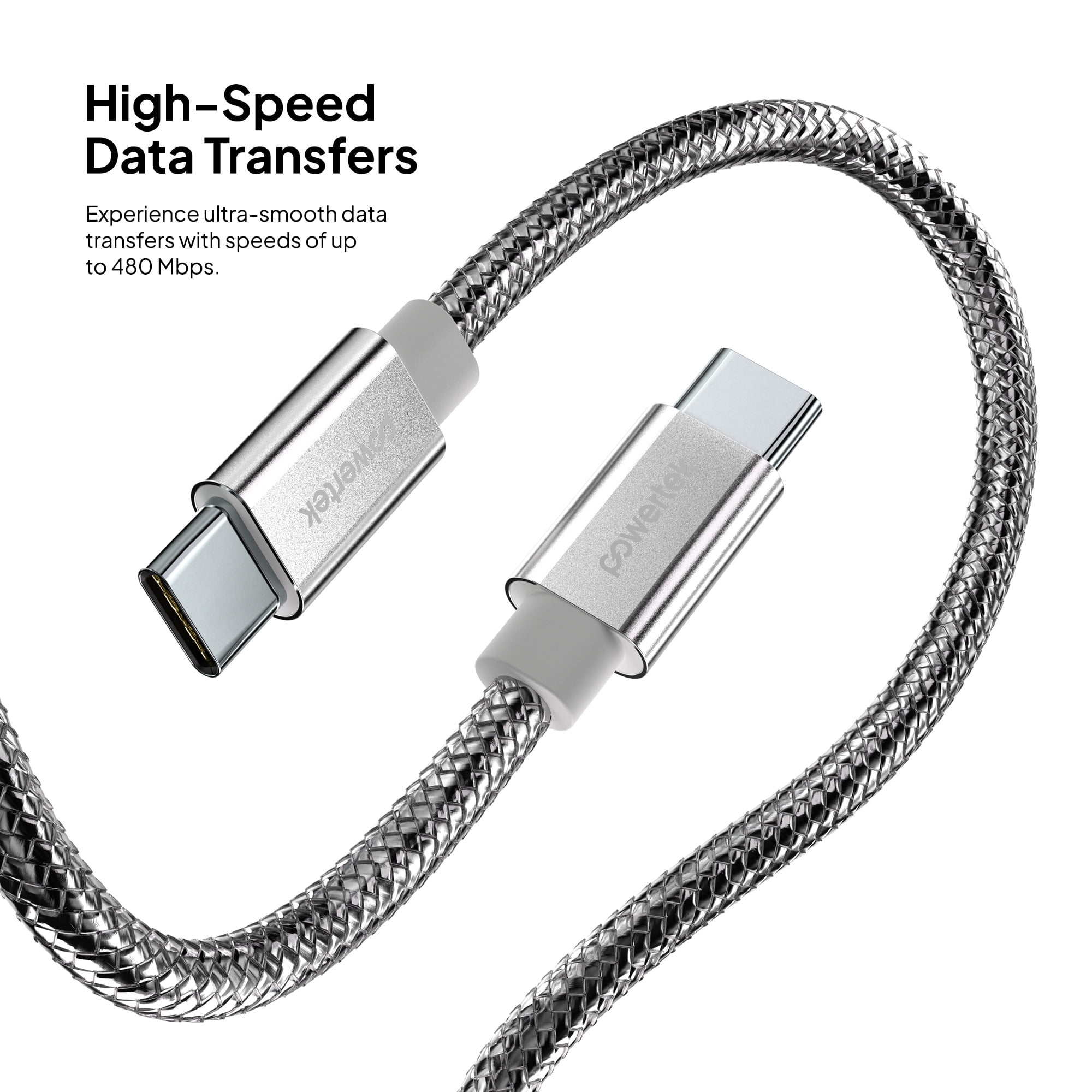 Powertek Luxe 6ft USB-C to USB-C Cable, Silver, Fast Charge & Sync, Metallic Mesh PVC Jacket, Durable Tangle-Free Design