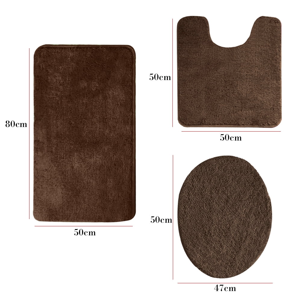 Bathroom Rug Set, 3 Pieces Shaggy Soft Polyester Non-Slip Mats Absorbent Toilet Mat,Rectangular Area Rug, U-Shaped Bath Mat, Elongated Toilet Lid Cover (Brown)