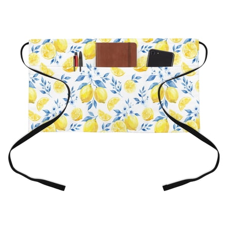 Summer Fruit Kitchen Restaurant Half Waist Apron Watercolor Lemon Cute Frangipani Blue Leaf Farmhouse Server Short Apron with 3 Pockets Waterproof Oil Waist Aprons for Women Waitress Waiter