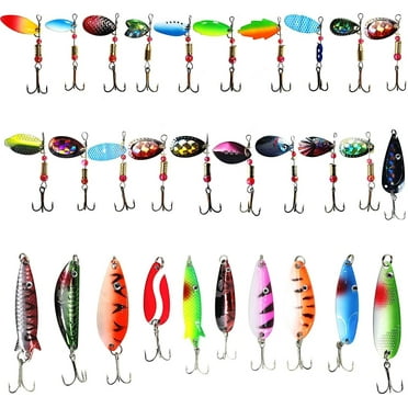 Fishing Spoon Spinner Baits Lures Kit,30pcs Hard Metal Fishing Spoons Fishing Lures Set with Treble Hooks for Bass Trout Walleye