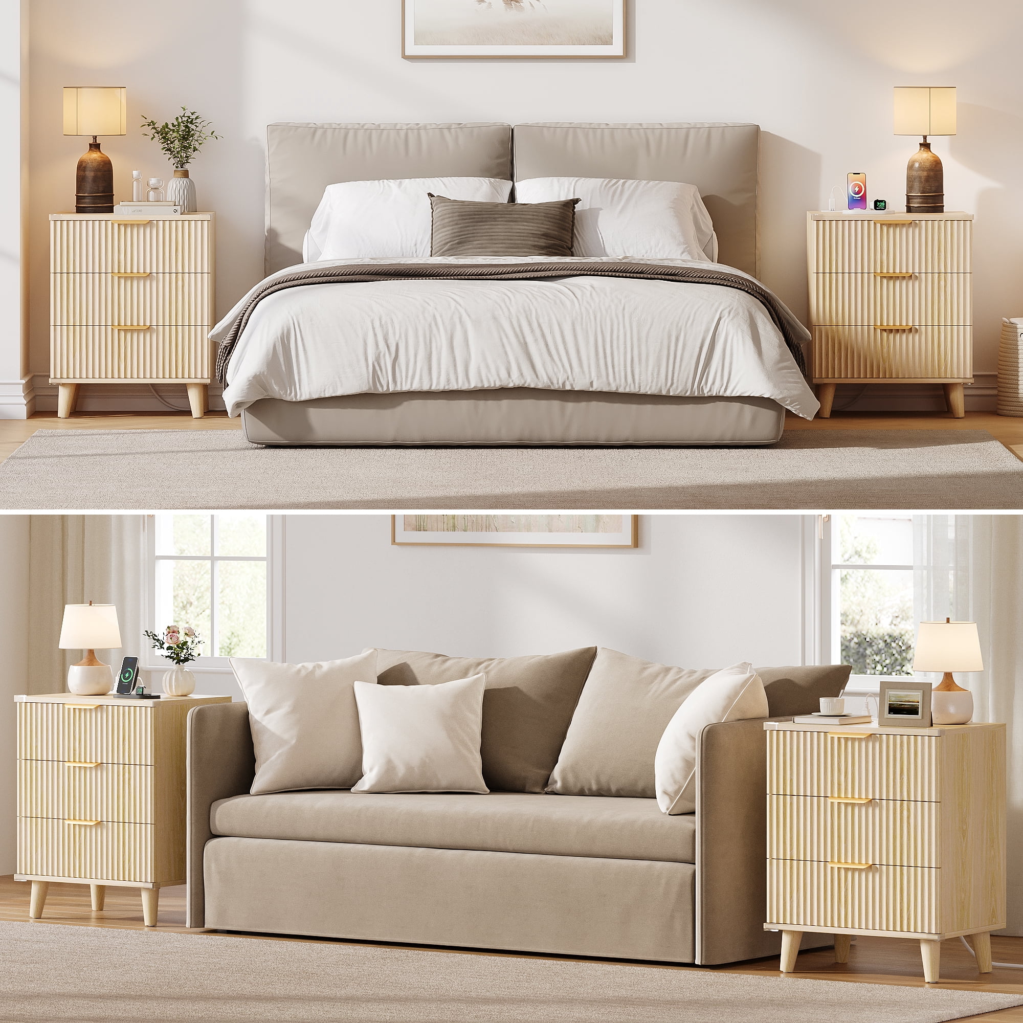 Aufeile Nightstand with Charging Station, 3 Drawer Nightstand for Bedroom, Fluted Bedside Table with USB Ports, Modern Wood Bedroom Side Table with Drawers, Natural