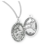 Saint Sebastian Oval Sterling Silver Female Softball Athlete Medal | 0.9" x 0.6" (22mm x 14mm) | Made in USA | Deluxe Velvet Gift Box | 18" Rhodium Plated Curb Chain | .925 Sterling Silver | Softball