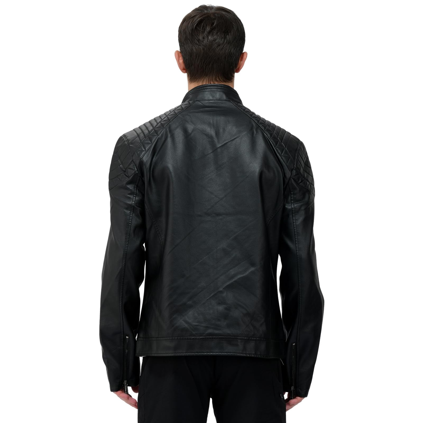 LEDUNTINO Men's Leather Jacket, Stand Collar PU Faux Leather, Zip-Up Motorcycle Bomber Jacket, Slim Fit Biker Coat