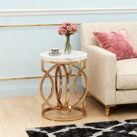 KIOOTTO 20" Modern Round Side Table, White Faux Marble End Table with Gold O-Shaped Metal Base, Minimalist Nightstand for Living Room, Bedroom & Office