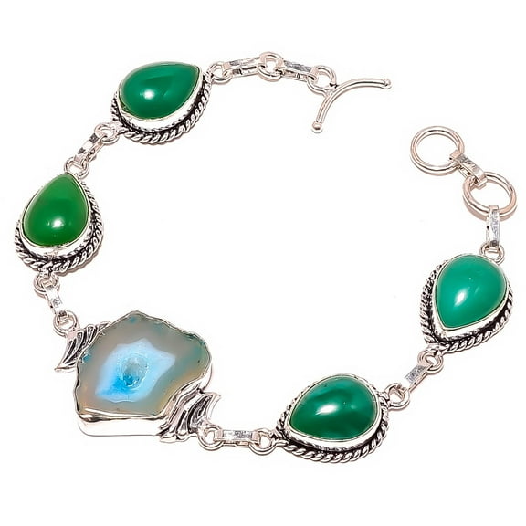 Ocean Blue Botswana Agate & Onyx 925 Sterling Silver Bracelet 7-7.99" TB7511-526, Beautiful Jewelry For Woman, New Year Sale, Valentin's Day Gift