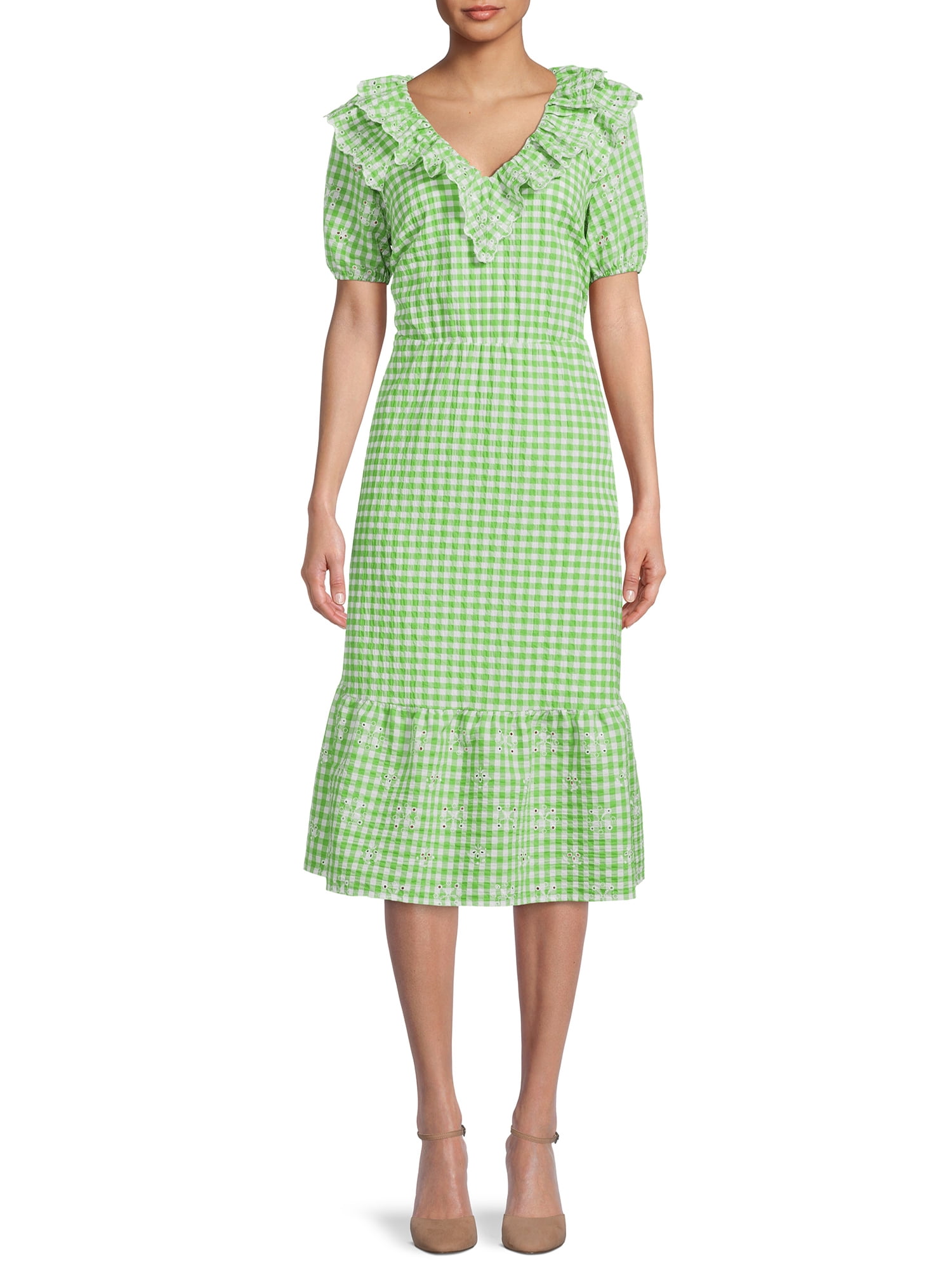 The Get Women's Eyelet Ruffle Midi Dress with Short Sleeves