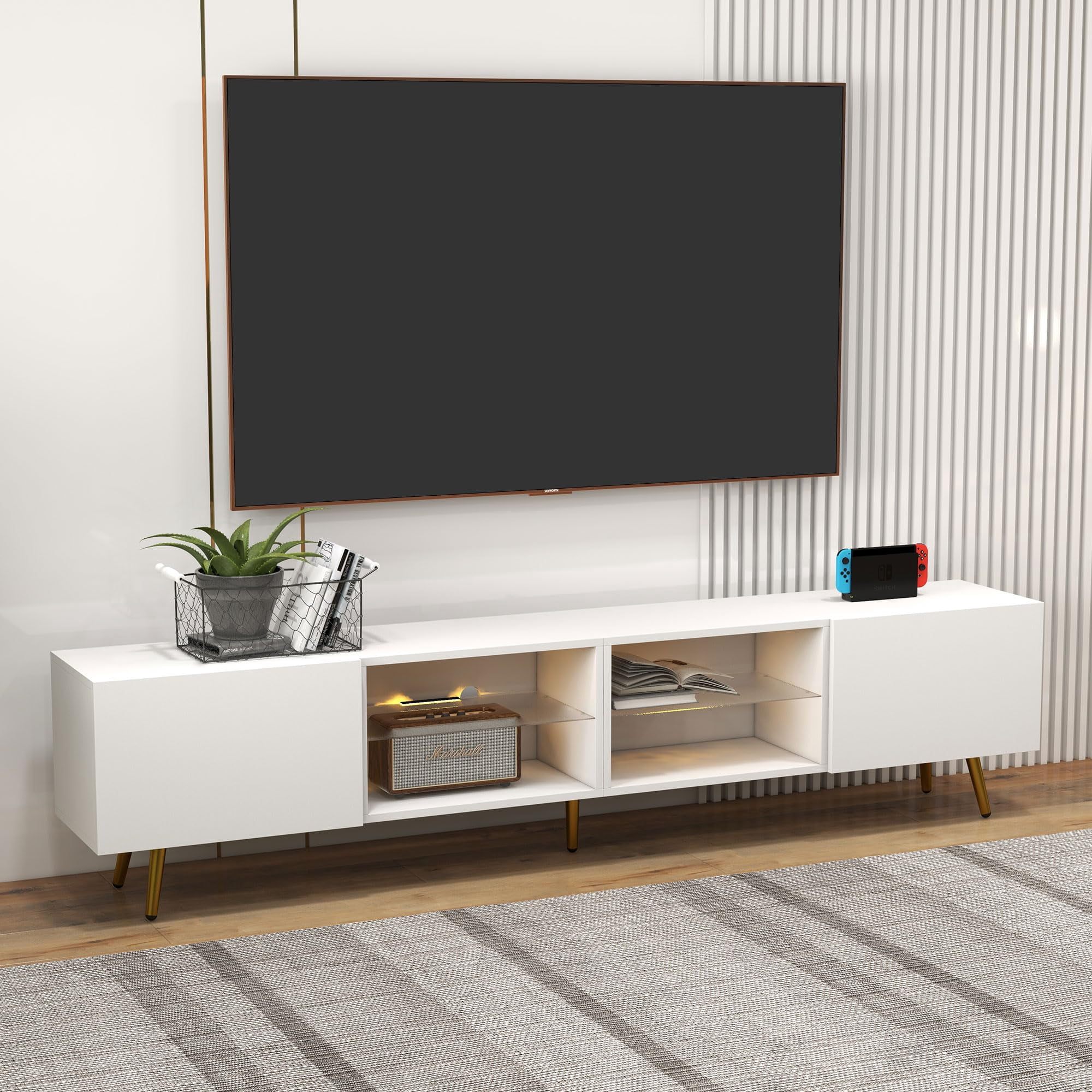 85-Inch White Modern TV Stand With LED Lights – 6000+ Color Options, Large Storage Shelves, Sturdy For Big Screens