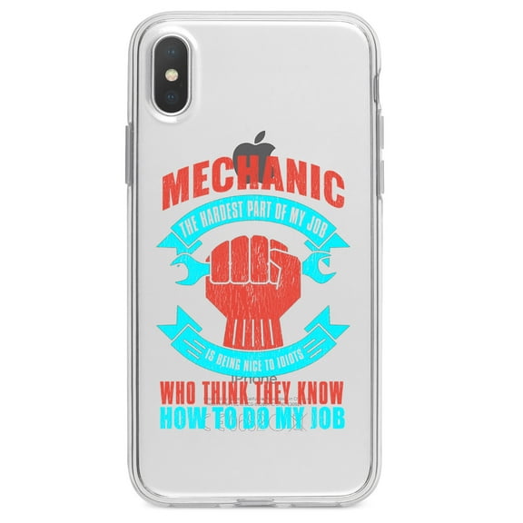 DistinctInk Clear Shockproof Hybrid Case for iPhone XR (6.1" Screen) - TPU Bumper Acrylic Back Tempered Glass Screen Protector - Mechanic Being Nice to Idiots