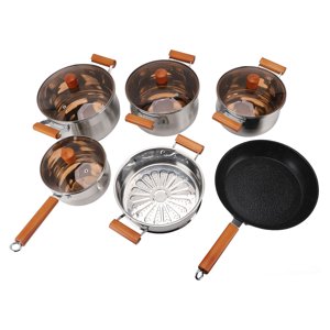 Kitchen Cooking Set, Cooking Set Stainless Steel Body Wooden Handle High Efficiency  for Steaming Boiling Making Soup
