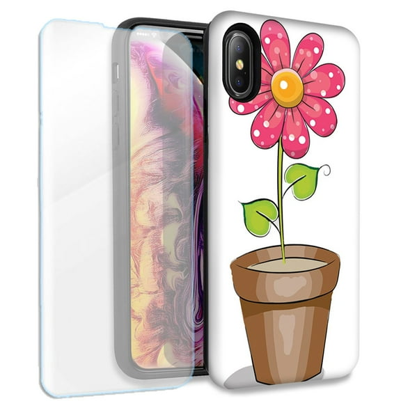 Mundaze Pink Daisy Double Layer Case w/Glass Screen Protector For Apple iPhone X/XS