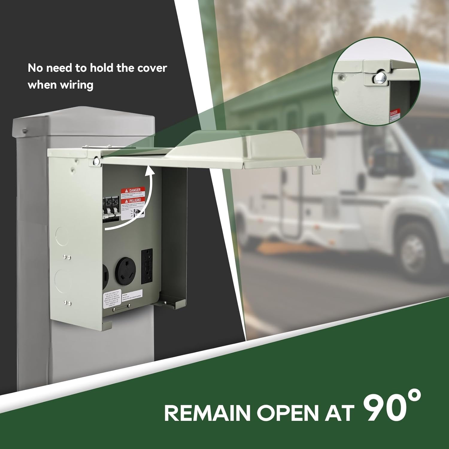 RVGUARD RV Temporary Power Outlet Panel with Breaker, ETL Listed 20 30 50 Amp RV Receptacle, Type 3R RV Electrical Outlet Panel with 20 Amp 90 Degree Adapter Cord for RV, Camper, Travel Trailer