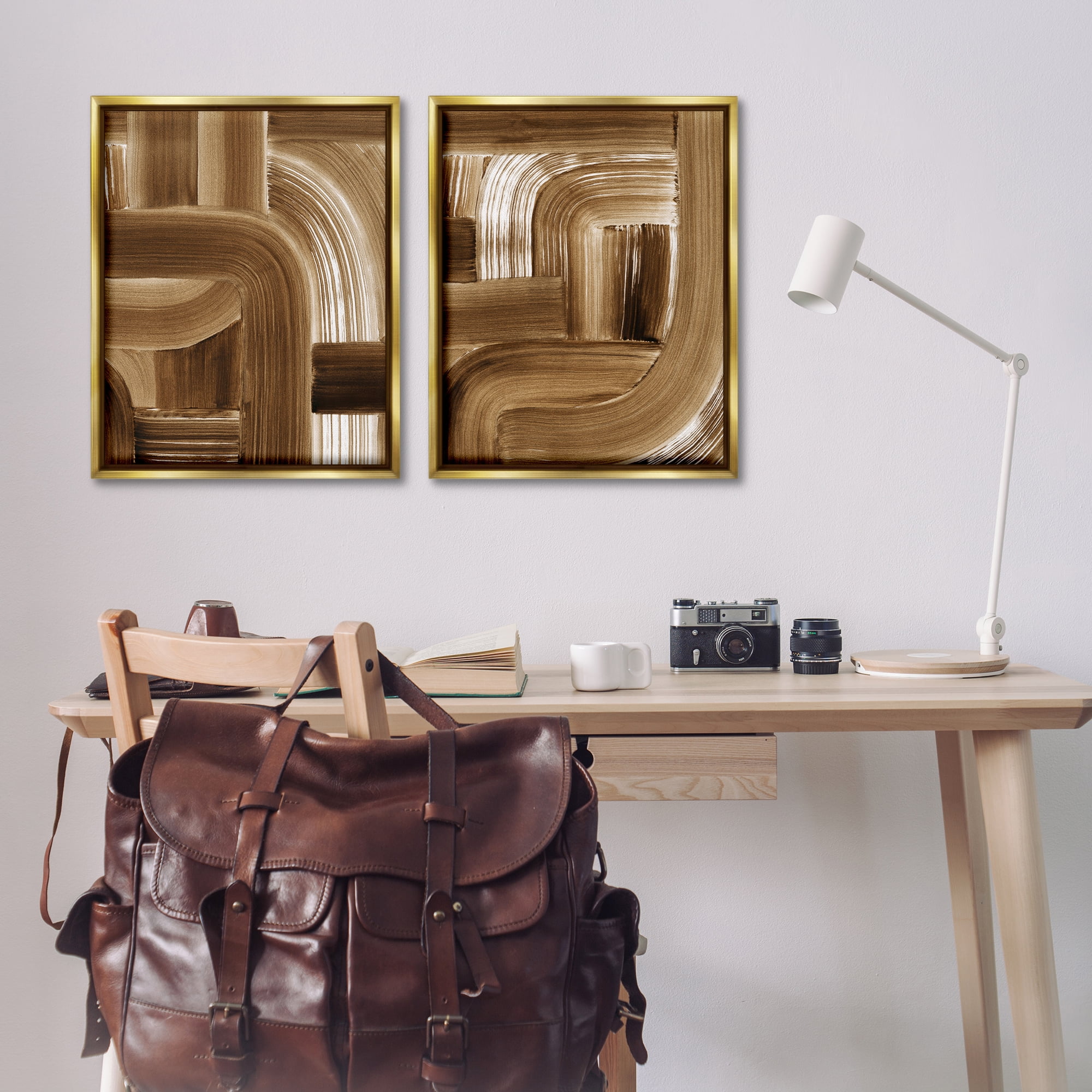 Stupell Industries Gentle Brown Brushstrokes Abstract Painting Gold Floater Framed Canvas Art Print Wall Art, 31 x 25, Set of 2
