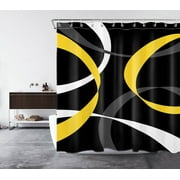 HVEST Abstract Shower Curtain,Yellow White and Grey Abstract Ribbon Lines on Black Background Bathroom Shower Curtain Modern Aesthetics Polyester Fabric Decor Curtain with Hooks, 72X72 inch