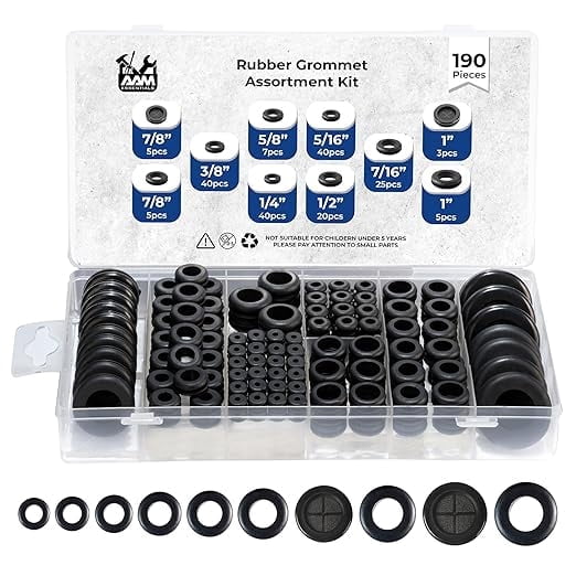 Rubber Grommet kit- Pack of 190 in 2 Types of Rubber Grommets for Wiring Including 2 Sizes of Hole Plugs & 8 Sizes of Wire Grommets- Firewall Grommet kit Handles Complete Safety & Sealing.