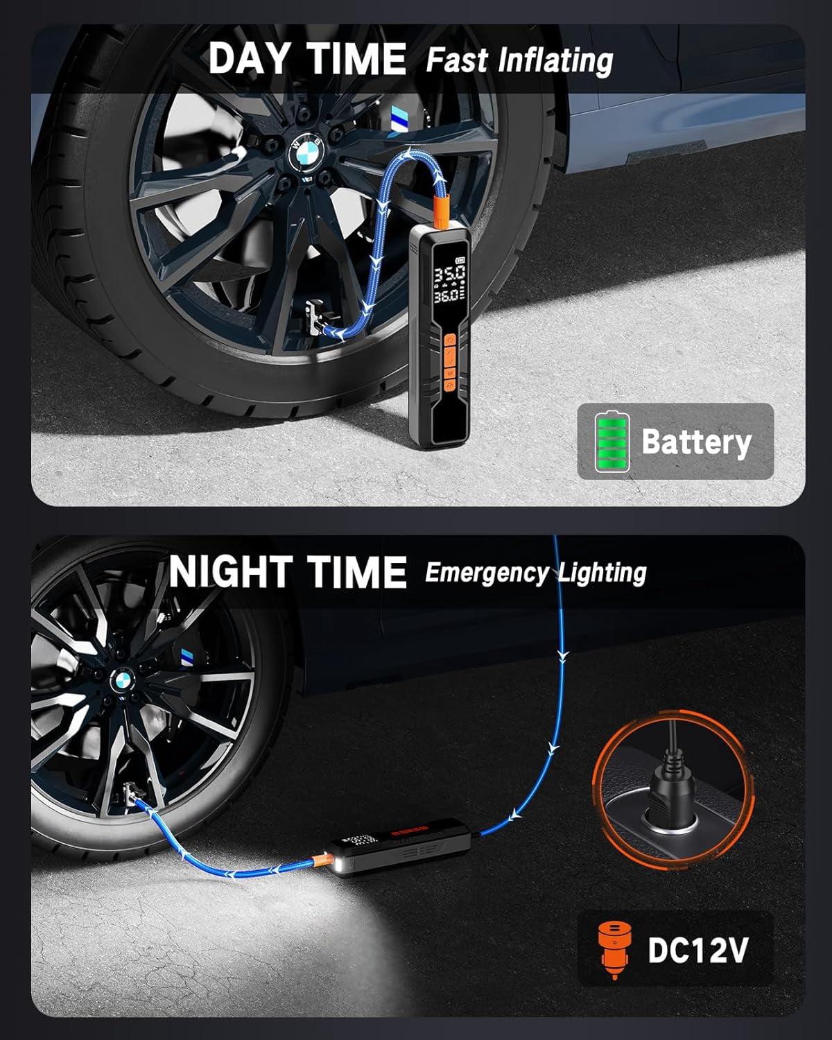 Tire Inflator Portable Air Compressor 150PSI, 4X Fast Electric Tire Pump, Air Pump for Car Tires with Digital Pressure Gauge/LED Light/Power Bank, Bike, Motorcycle, Ball, Car Accessories