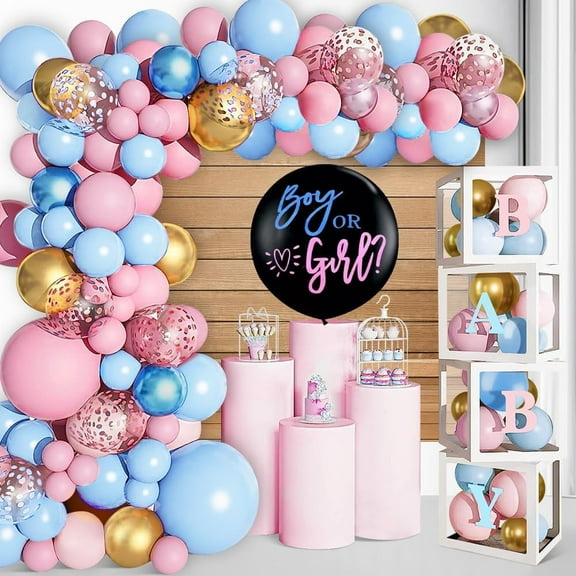Baby Boxes Gender Reveal Balloon Decorations, Pink and Blue Balloon Garland Arch Kit, Baby Boxes with A-Z Baby Letters for Gender Reveal Party Supplies