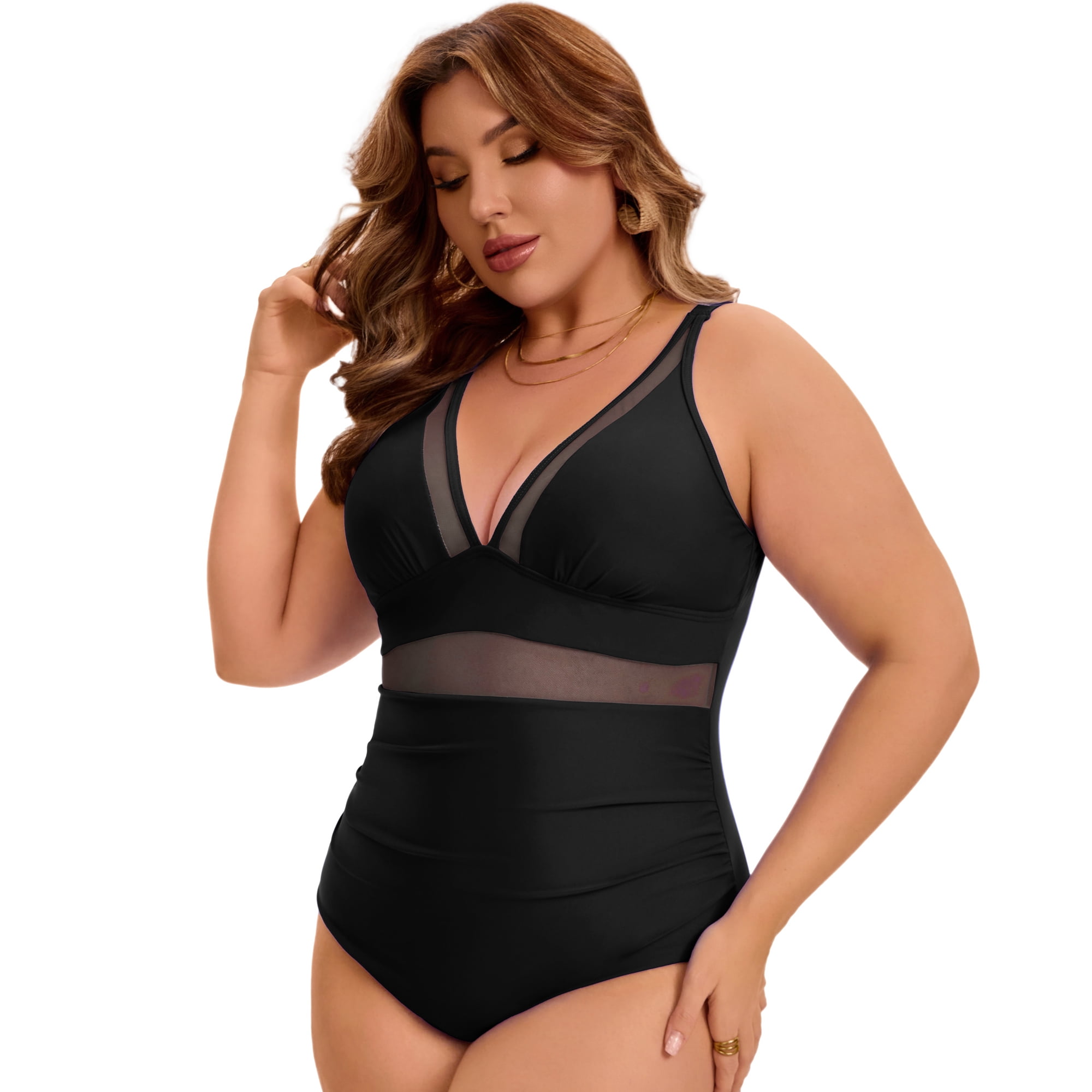 DARING DIVA Women's Plus Swimsuit Mesh V Neck Bathing Suit 4X Black