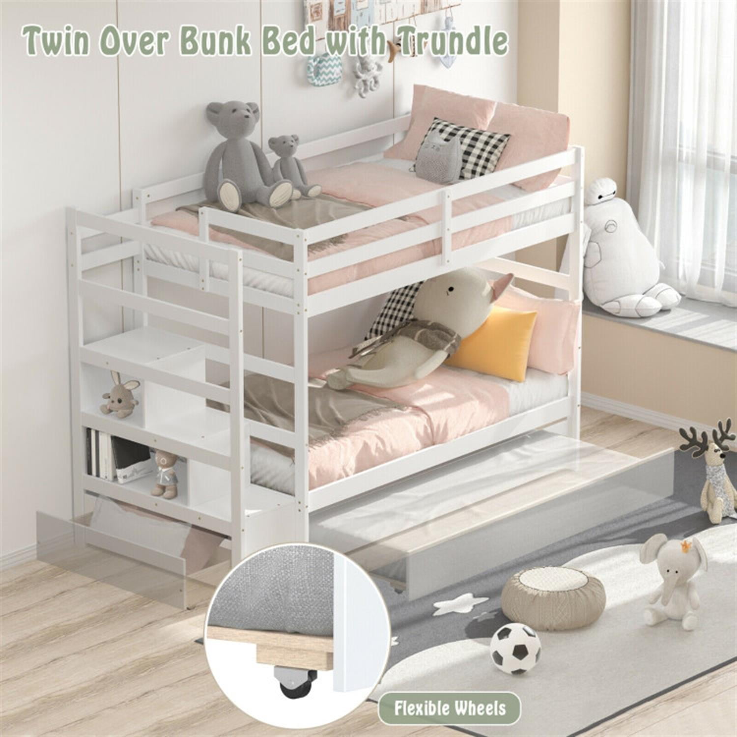 Demi Bonn Twin Pull-Out Bunk Beds with Ladder in the Steps and a Trundle, Bunk Bed Platform with Storage Shelf and Drawer, White