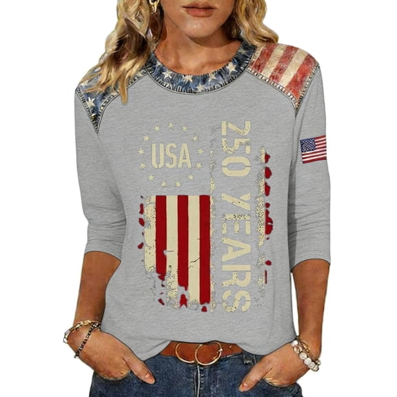 Puliio USA 250th Anniversary T-Shirt for Womens 3/4 Sleeve 1776-2026 Tee Tops USA 250 Years Distressed American Flag Graphic 4th of July T Shirt