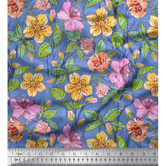Soimoi Cotton Duck Fabric Leaves & Buttercup Floral Fabric Prints By Yard 42 Inch Wide