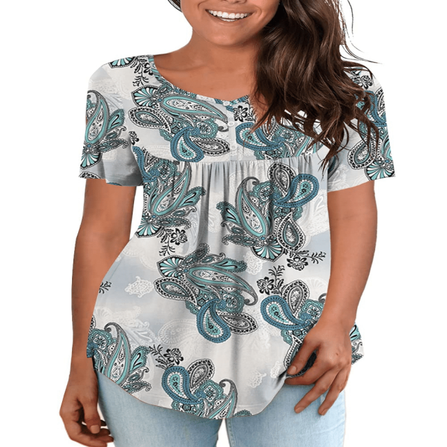 CHUANK Womens Summer Plus Size Tops V Neck Buttons Pleated Flared Blouses m-4xl