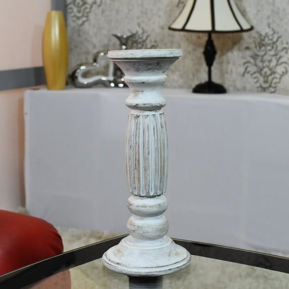 Handmade Wood Eco-Friendly Traditional Antique White Set Of One Pillar Candle Holder