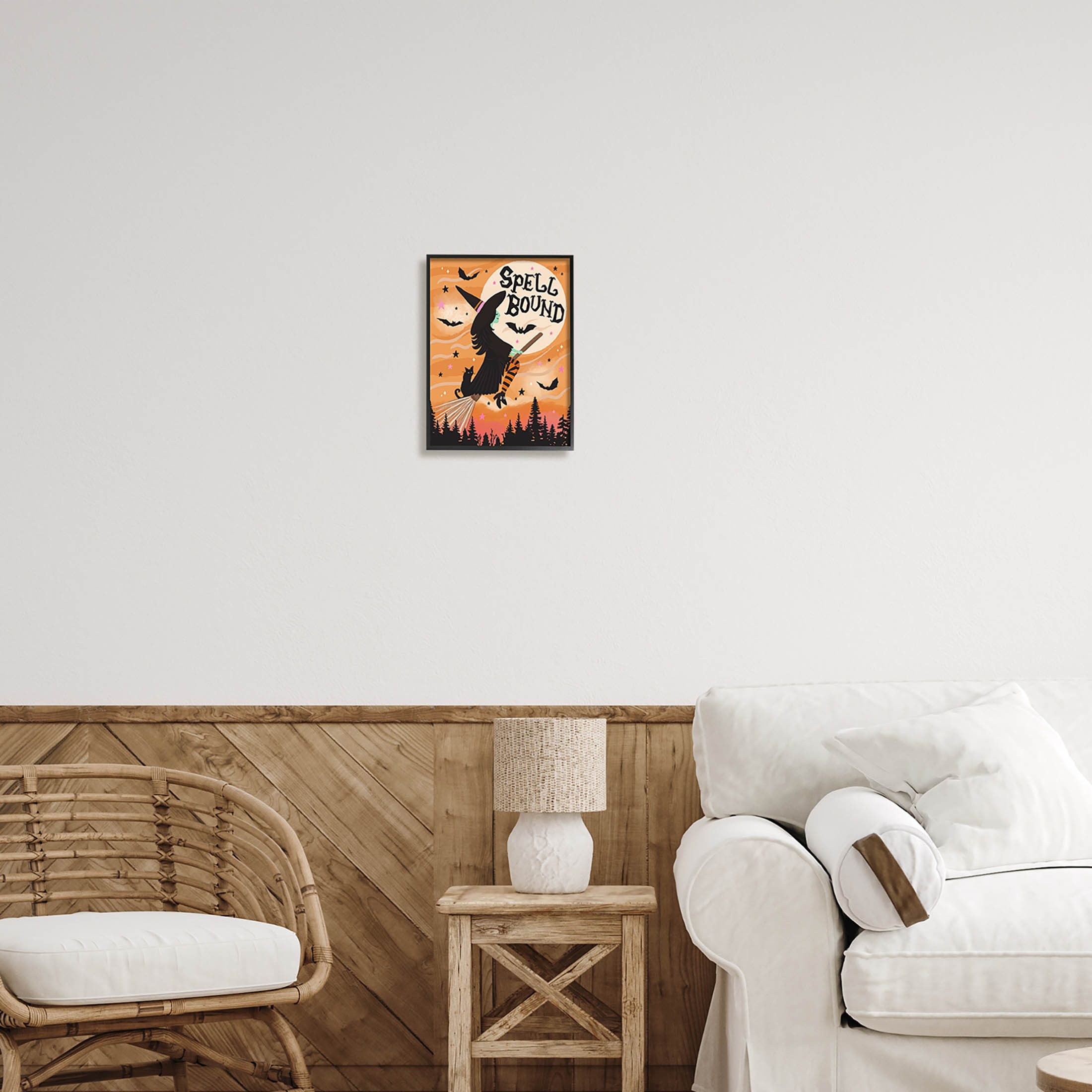 Spell Bound Witch Flying Moonlit Sky Holiday Graphic Art Black Framed Art Print Wall Art