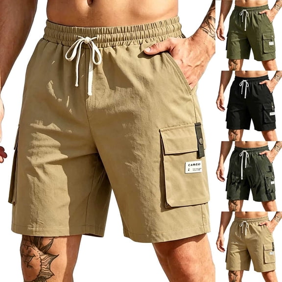 Sheghy Work Pants for Men 100%Cotton Men's Solid Color Casual Sports Elastic Waist Drawstring Pocket Cargo Shorts