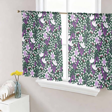 Purple Green Flowers Semi Sheer Curtains 45 Inch Length 2 Panels Set Watercolor Pastoral Botanical Sheer Kitchen Curtain Privacy Voile Window Curtain for Living Room Bedroom Rod Pocket Drapes