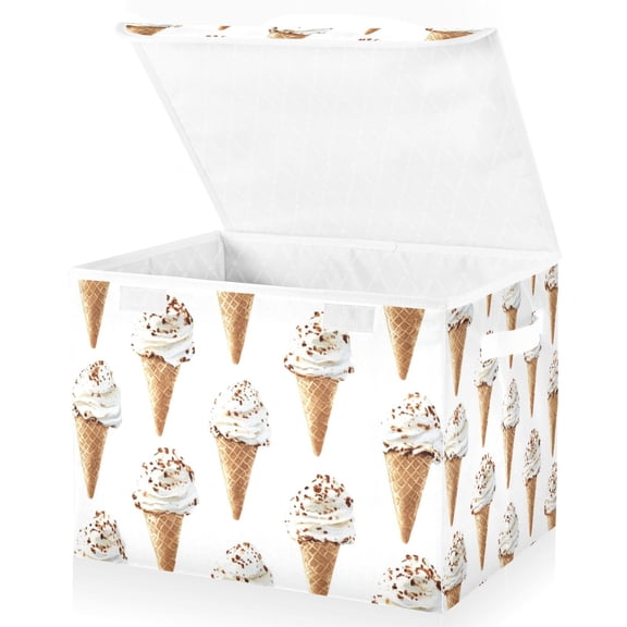 Yayeee Collapsible Cube Storage Bin with Lid Fabric Closet Decorative Basket with Handles, Cartoon Ice Cream Pattern