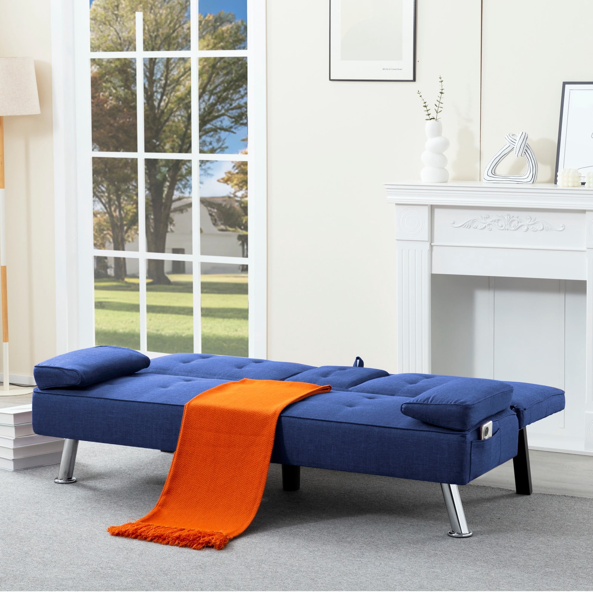 BSHTI 69.49" Fabric Convertible Futon Sofa Bed with Drop-Down Console, 2 Cup Holders, 5-Position Backrest, Side Pocket for Living Room（Navy Blue）
