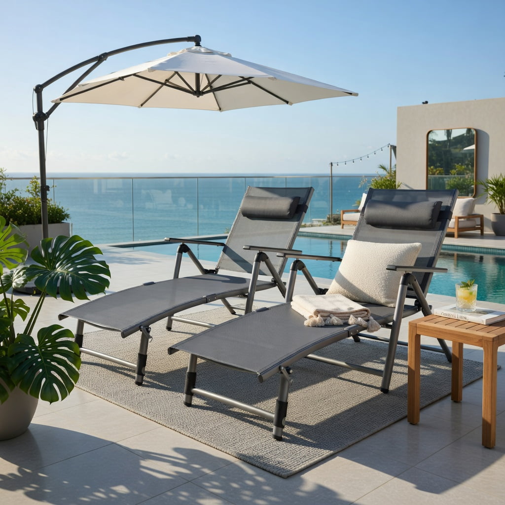 Hommoo Outdoor Aluminum Chaise Lounge Chair, 8-Position Adjustable Recliner with Quick-Dry Mesh Fabric, Foldable & Rust-Resistant for Patio, Poolside or Backyard, Gray