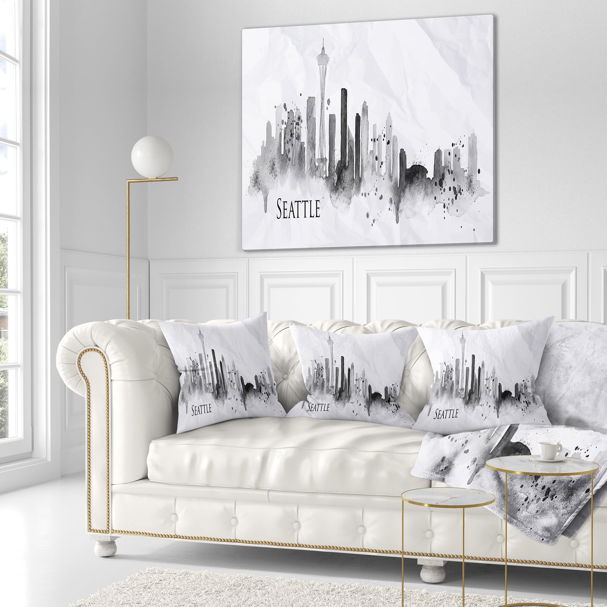 Designart Seattle Black Silhouette - Cityscape Painting Throw Pillow - 18x18
