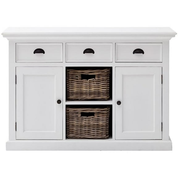 Beaumont Lane Fully Assembled Dining Buffet, Dining Room Server with 2 Woven Rattan Basket in Pure White, Hand Finished Furniture