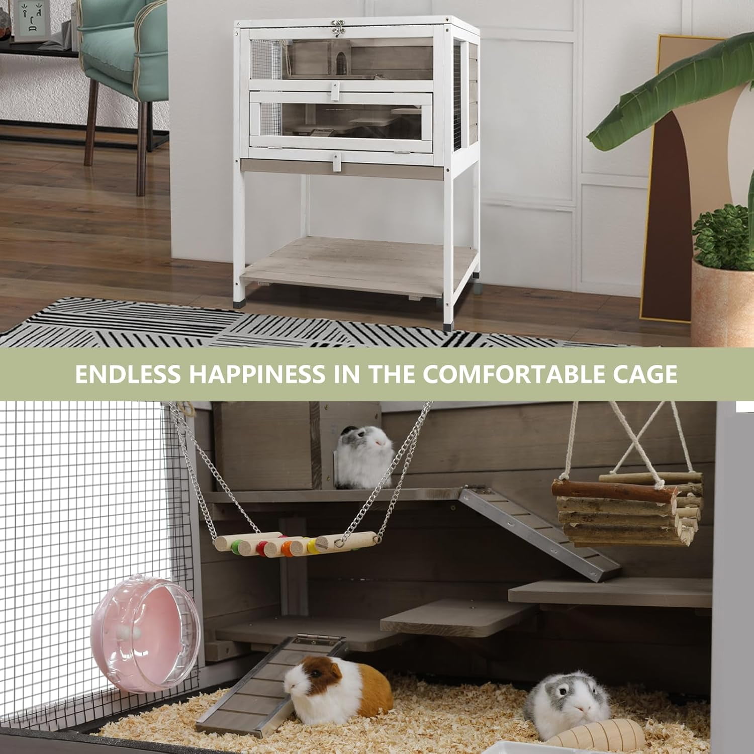 Gowoodhut Hamster Cages Wooden Guinea Pig Cage Indoor with Hideout for Small Animals, Gray