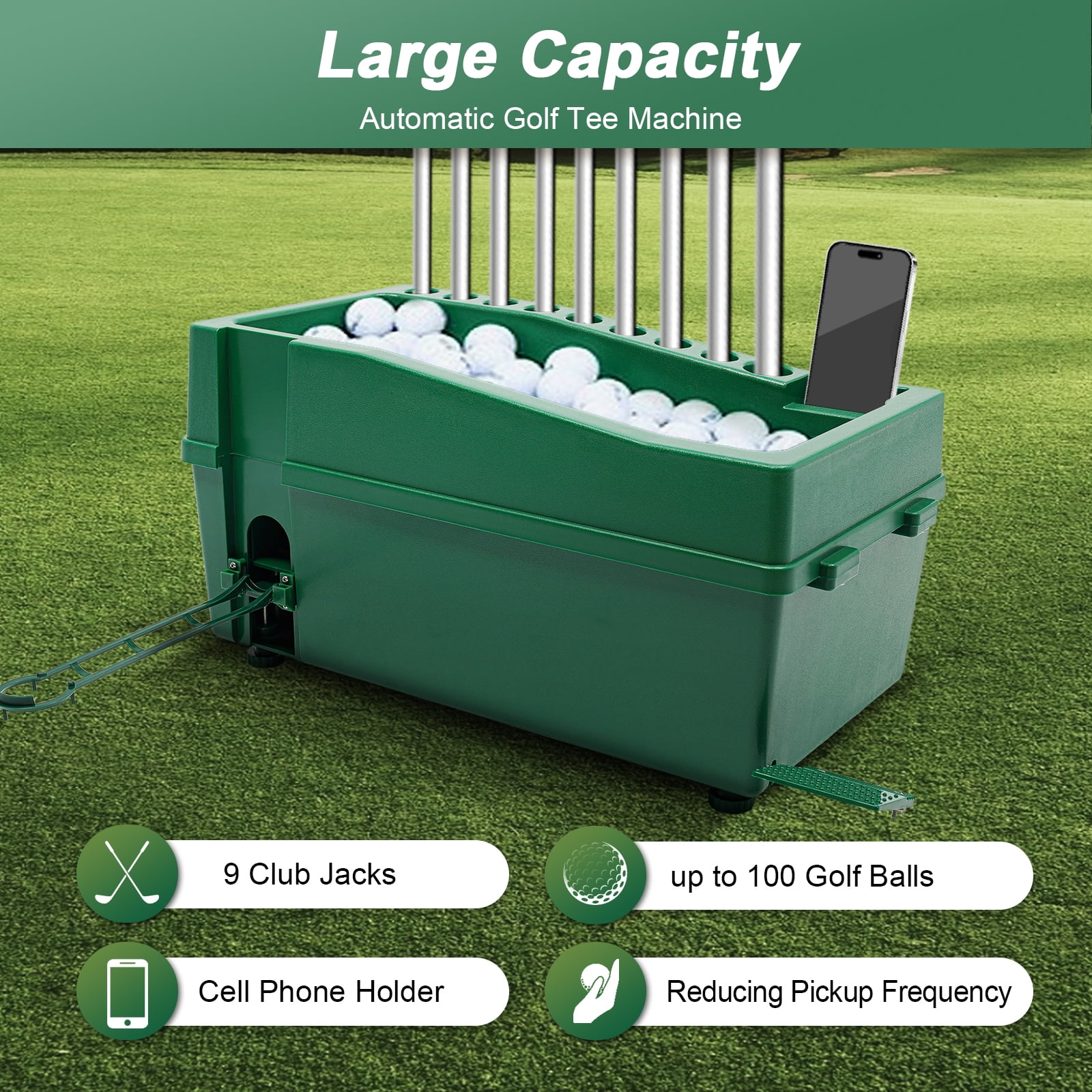 1 PCS 62*32*32cm/24.4*12.6*12.6in Automatic Golf Tee Machine, Green