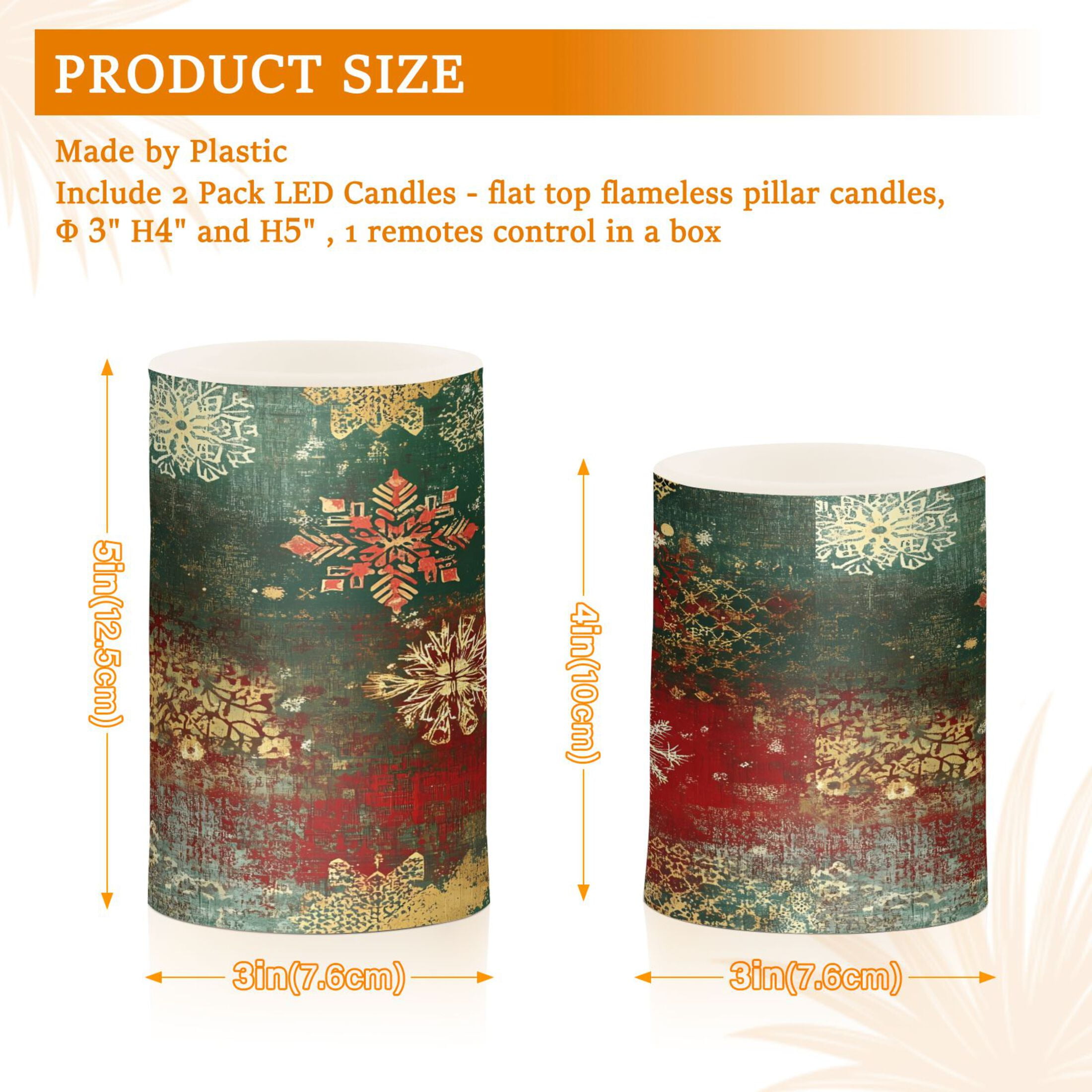 Flickering Flameless LED Candles set of 2 Battery Operated 18-Key Remotes Timer Halloween Fall Decor Christmas Themed Snowflakes D3''xH4''5''