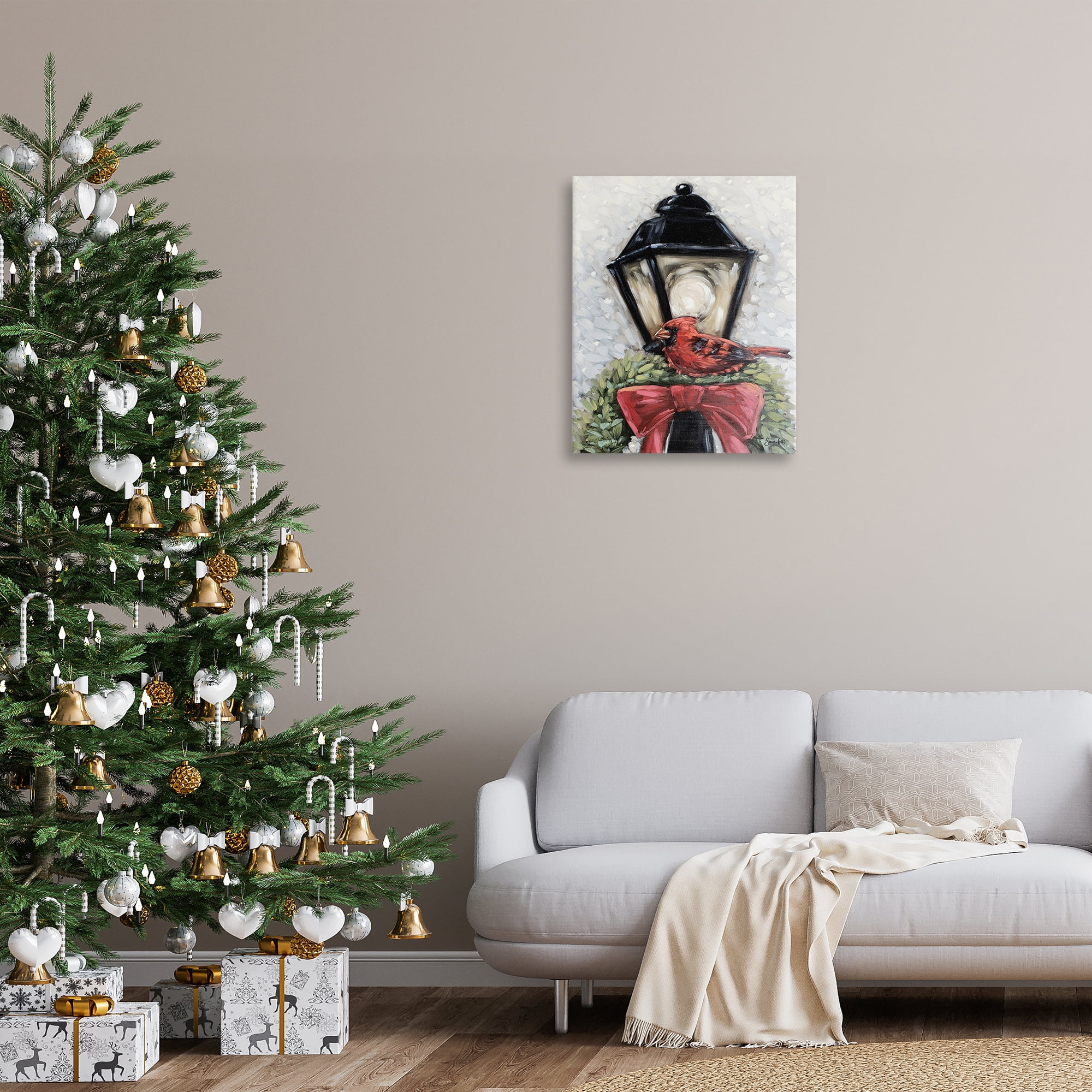 Stupell Industries Cardinal & Holiday Lamp Holiday Painting Gallery Wrapped Canvas Art Print Wall Art, 24 x 30