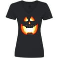 thumbnail image 3 of Inktastic Toothy Grin Pumpkin Face in Orange Glow Women's V-Neck T-Shirt, 3 of 5
