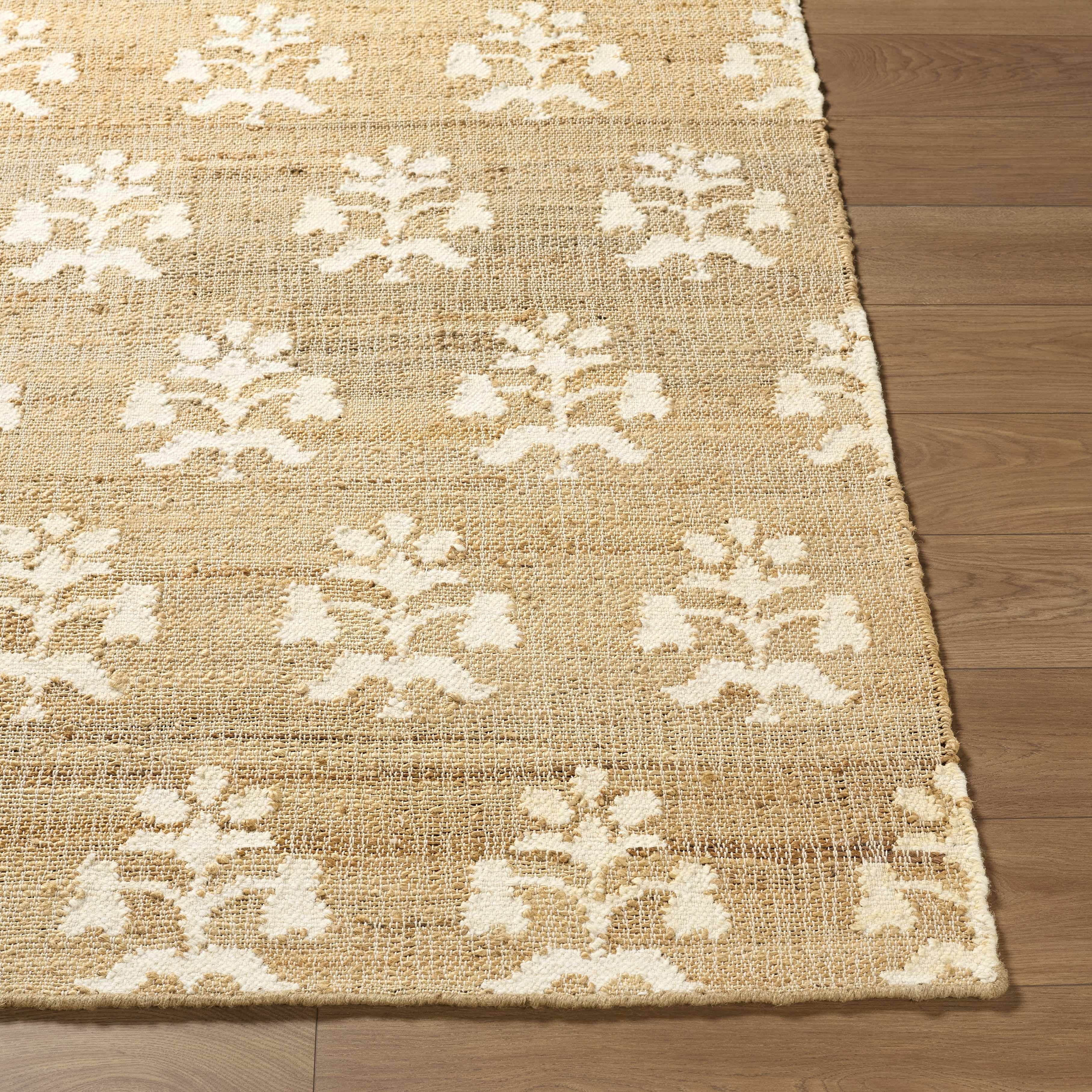 Hauteloom Albina Boho Hand Woven Wool and Jute Blend Natural Fiber Soft Area Rug - Traditional Floral Carpet for Living Room, Bedroom, Dining Room - Natural, Ivory, Beige - 5' x 7'6" (5x7)