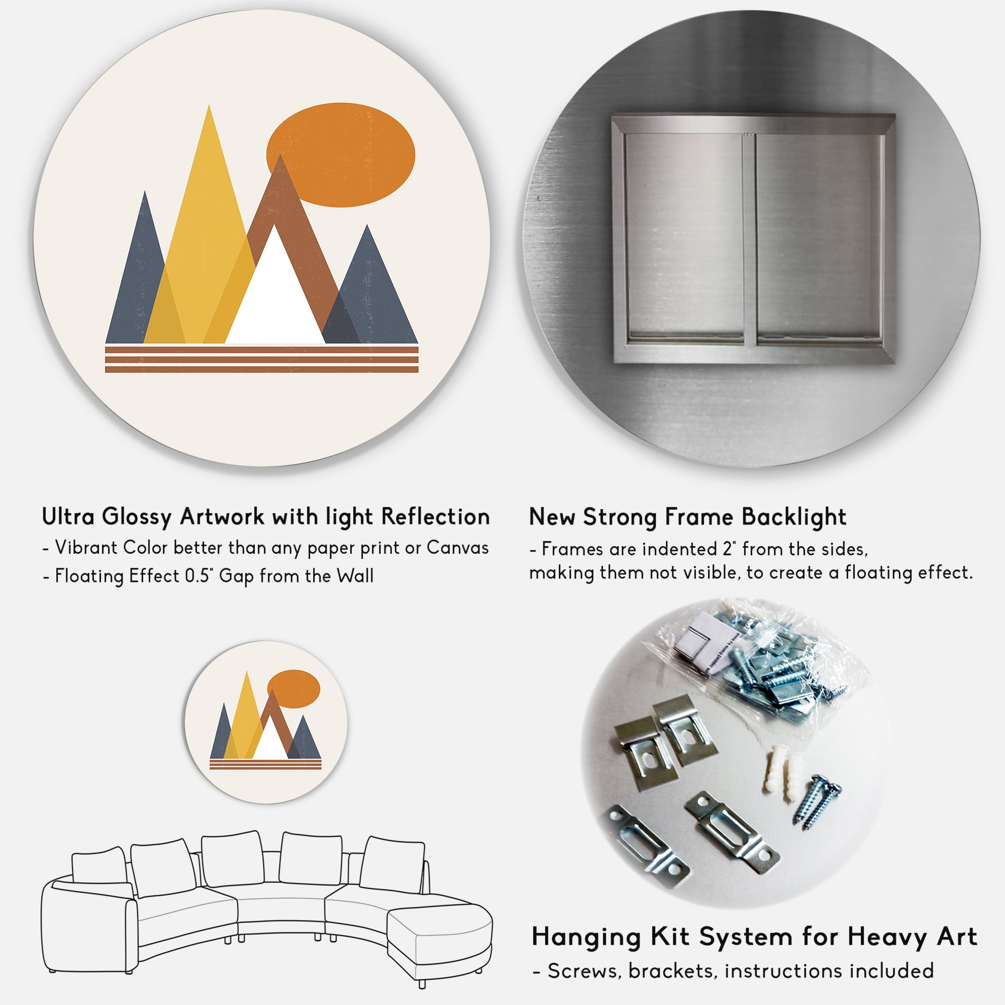 Designart 'Sun and Mountain Abstract' Modern Circle Metal Wall Art 11x11 - Disc of 11