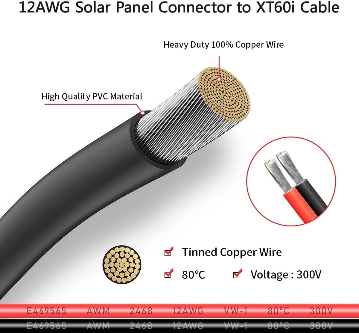12AWG 10FT Solar to XT60i Cable 2 10 25 35 50 75 100FT Solar Connector to XT60i Adapter Cable for Portable Power Station (10FT)