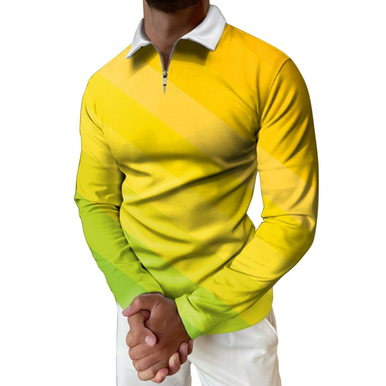 KaLI_store Long Sleeve Polo Shirts for Men Men's Muscle Polo Shirts Stretch Long  Sleeve Workout Golf Tee Casual Slim Fit T Shirt Yellow,XL 