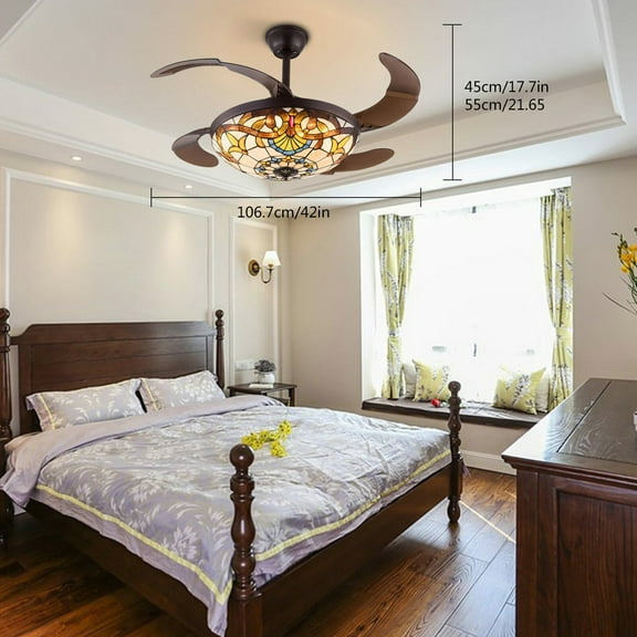 Retractable Blades 42" Tiffany Ceiling Fan w/ Light LED Chandelier Fan & Remote
