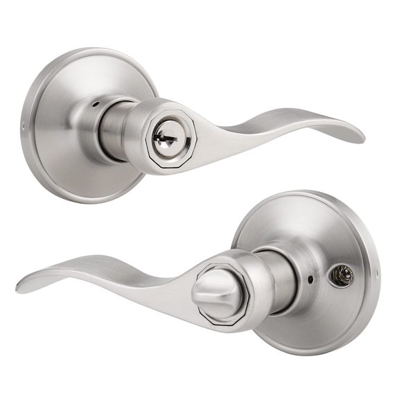 Knobonly 2 Pack Wave Door Lever Brushed Nickel Finish Universal Entry Keyed Door Handles Different Keys Handleset