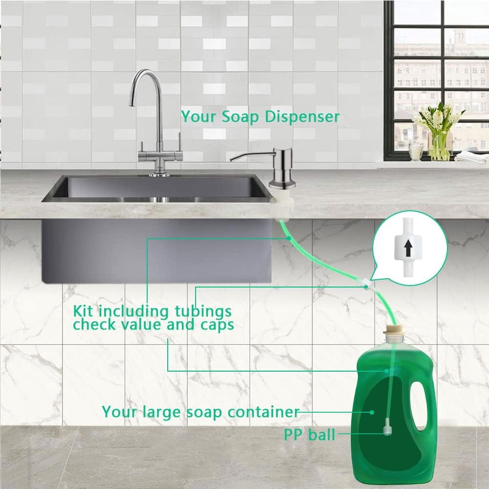 Soap Dispenser for Kitchen Sink, Built in Sink (Brushed Nickel), Countertop Pump with 47" Extension Tube kit, No Need to Fill Little Bottle Again (Longer Thread Shaft)