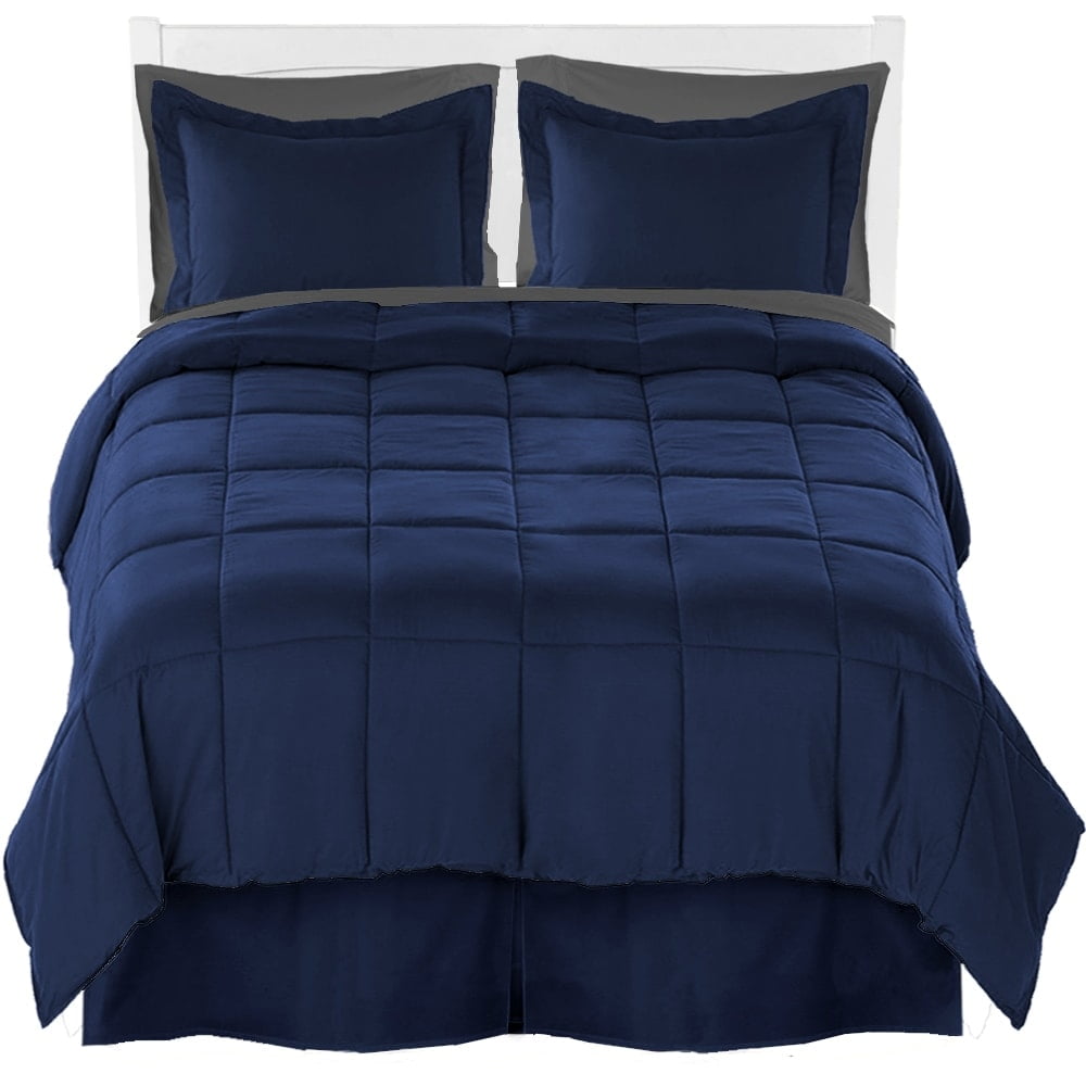 Bare Home Microfiber Comforter, Sheet Set, and Bed Skirt Dark Blue/Grey